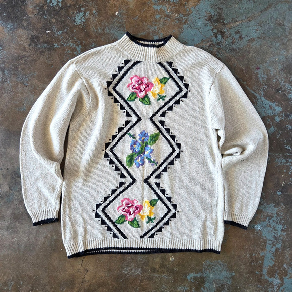 Lizwear Sweaters - Vintage 90s Cottagecore Sweater Size M Floral Cotton Linen Blend Tan Coquette